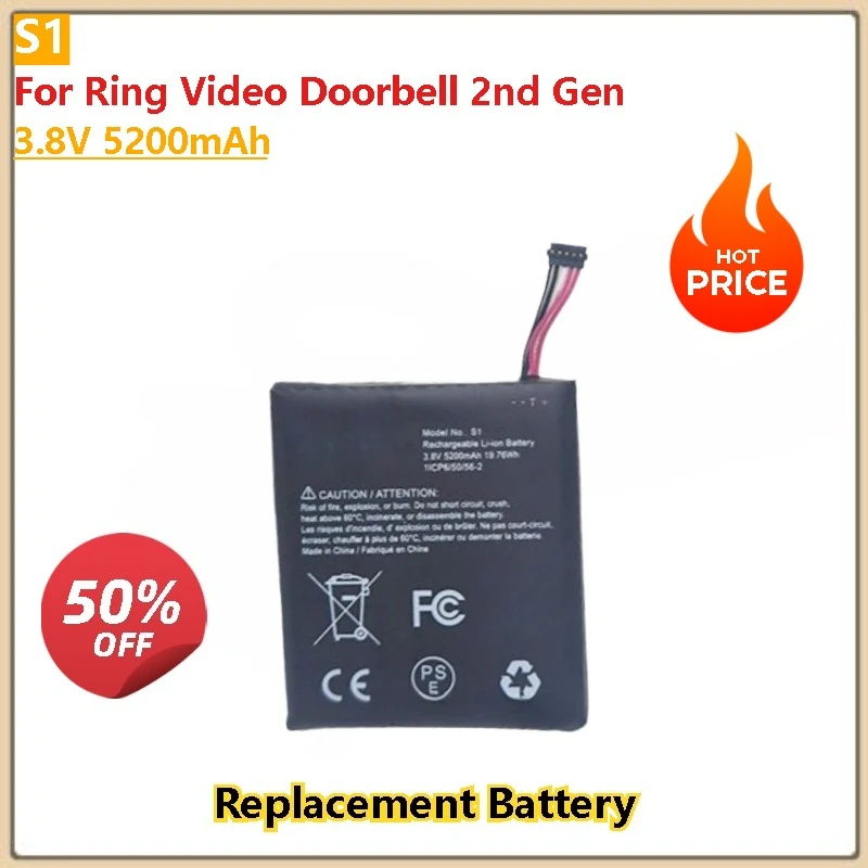 

100% New High Quality S1 3.8V 5200mAh Replacement Battery For Ring Video Doorbell 2nd Gen (5 Pin Version ONLY)