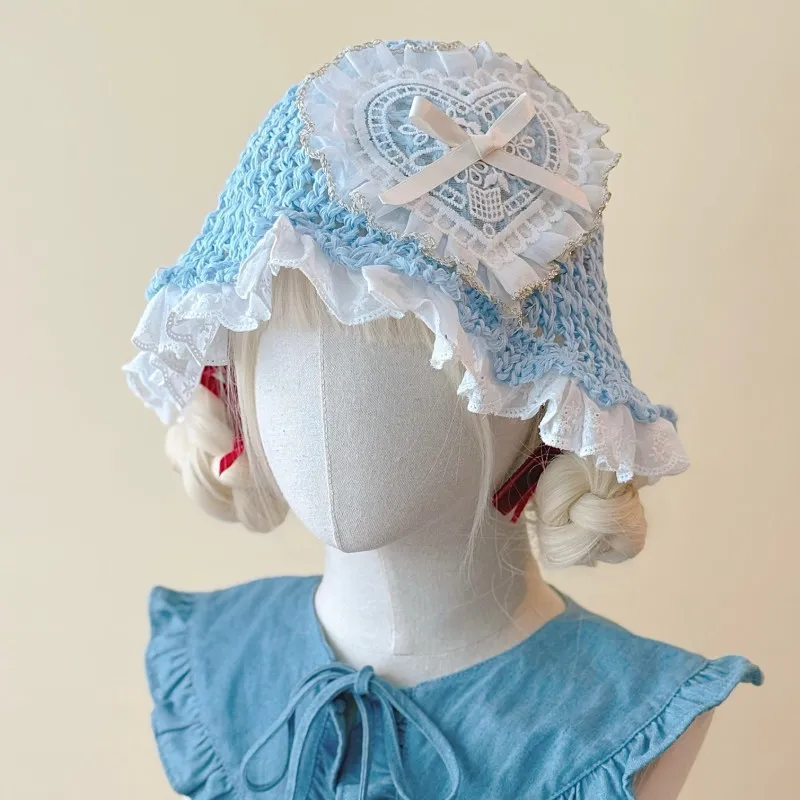 Original Handmade Ruffle Edge Yarn Love Crochet Bucket Hat Spring and Summer Blue White Hat Female