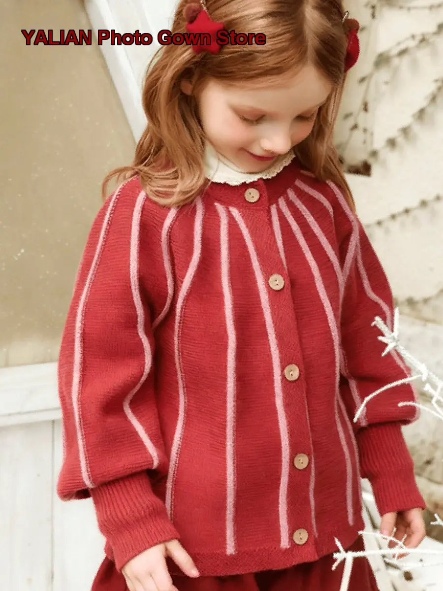 Winter Baby Girl Kids Christmas New Year Lapel Hand-Crocheted Knit Pants and Skirt Set