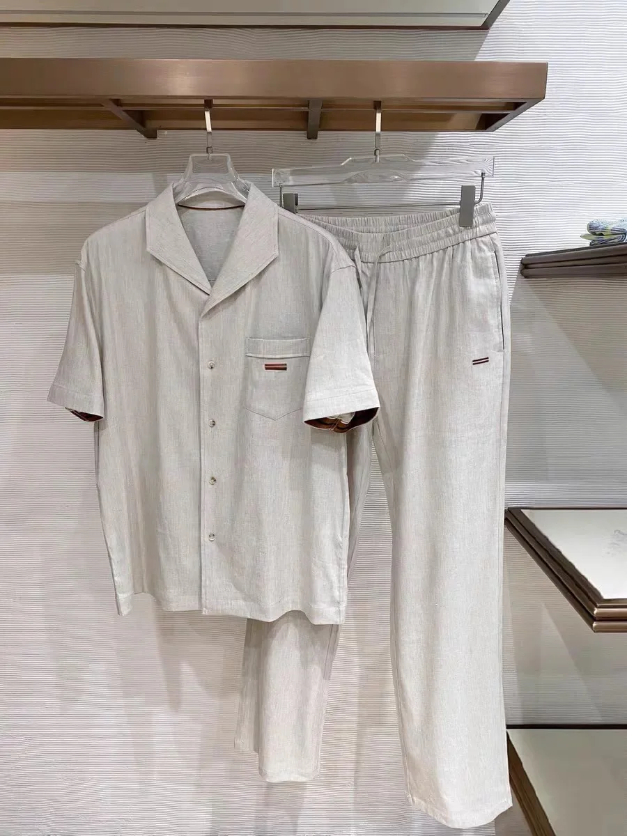 

Italian Sle ort Sve irt Elastic Waist Straight Leg Pants Men's Summer Cotton Linen Casual Suit Faionable Set