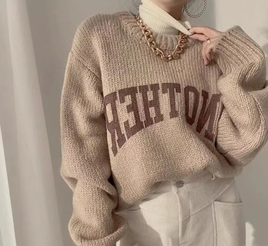 

Korean Fashion Autumn and Winter Candy Color Sweater Pullovers for Women Loose Oversized Sweater Letter Knitted Pullovers O Neck
