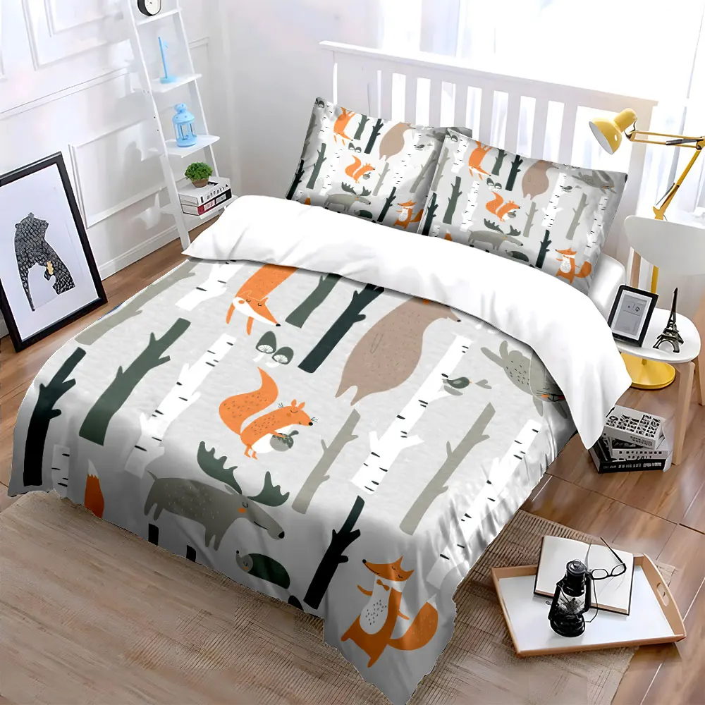 Forest animals with birch tree background Duvet Cover Set with 3D Printing Design Soft Polyester Bedding Set All-Season Comfort