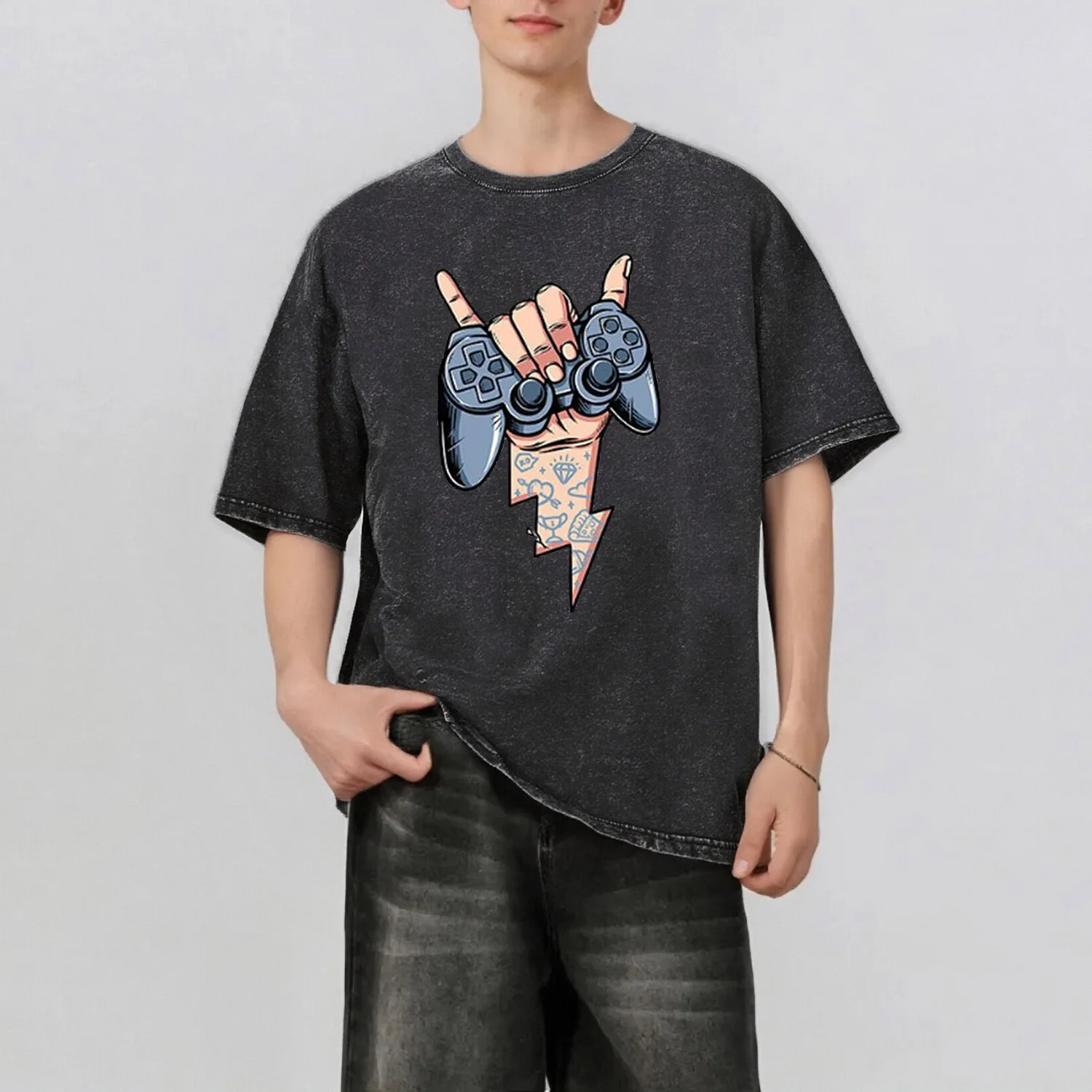 Handheld Game Controller Pattern Rint Men's Summer Retro Style Washed Water T-Shirt Casual Short Sleeved Basic Men's Top 230G