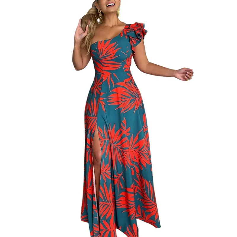 Summer Sleeveless Slant Shoulder Maxi Dress Women Elegant Backless Print Evening Gown Semi-Shoulder Open High Slit Long Dresses