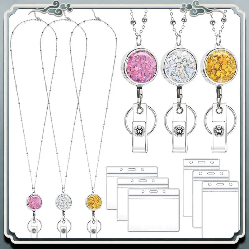 Premium 3 Pack Women Lanyards For Id Badges With 6 Pcs Id Badge Holder For Women Cruise Lanyards Stainless Steel Glitter