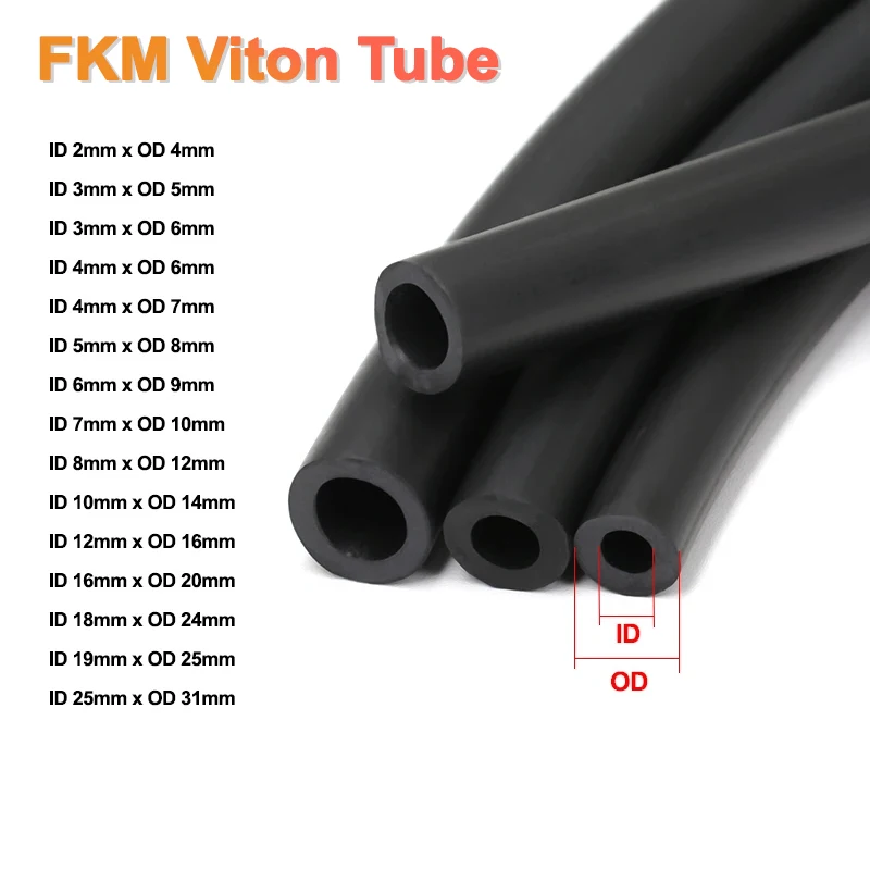 1-5m Fluorine Rubber Hose ID2 3 4 5 6 7 8 10 12 14 16 18 19 25mm Black Acid Alkali Corrosion/Wear/Aging Resistant FKM Viton Tube