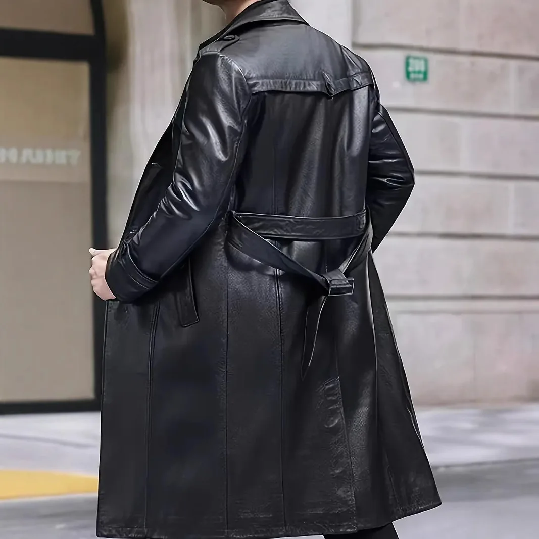 2025 New Men Black PU Long Lapel Leather Coat Autumn Winter Casual Trench Coat Mid Length Fashion Outerwear