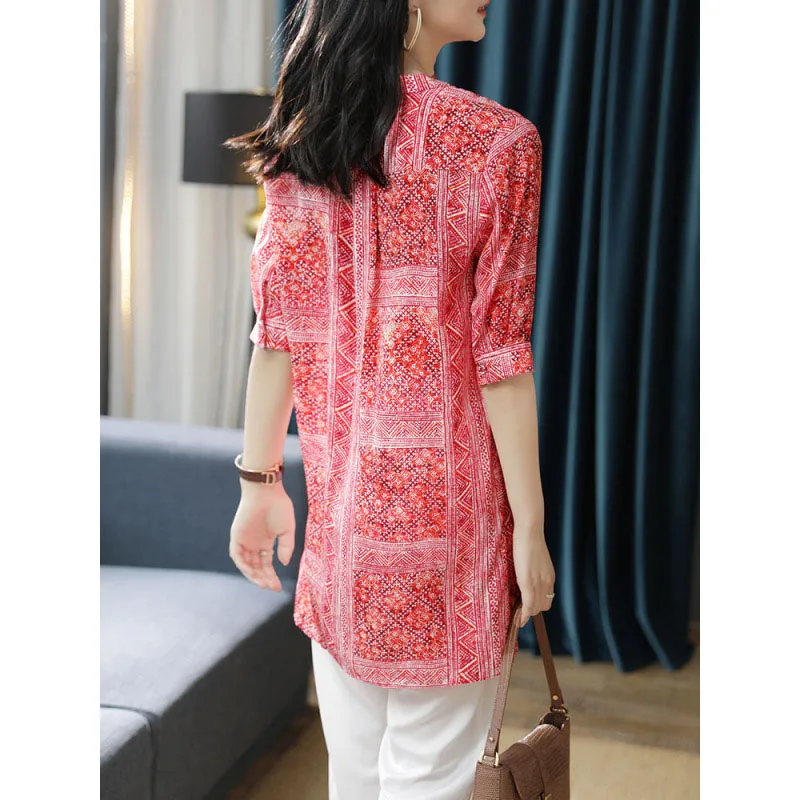 Women\'s 2024 New Summer Simplicity Silk Standing Collar Print Pullovers Fashion Loose Commuter Casual Half Sleeve Chiffon Tops