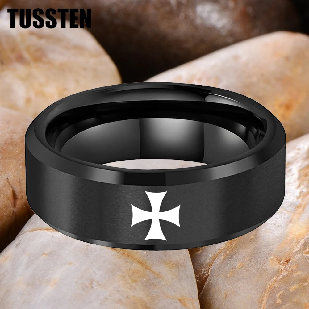 Dropshipping TUSSTEN 6/8MM Beveled Matte Tungsten Ring Laser Engraved Maltese Cross Pattern For Comfortable Fit