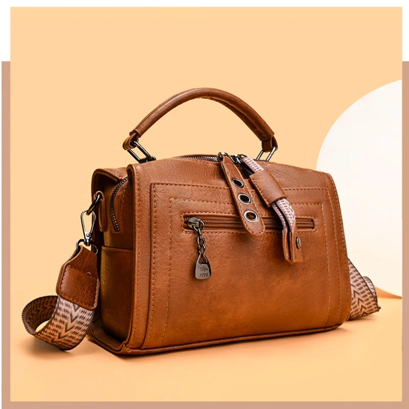 

Retro Style Mini Boston Bag, With Top Handle & Wide Patterned Strap, Multi-Zip Design For Daily Use