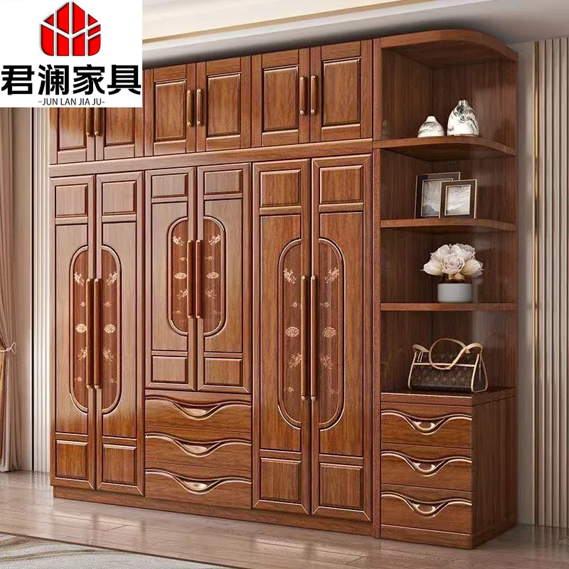 

New Chinese Walnut Wardrobe Carved Solid Wood Master Bedroom Home Three Four Five Six Door Casement Combination Storage Wardrobe