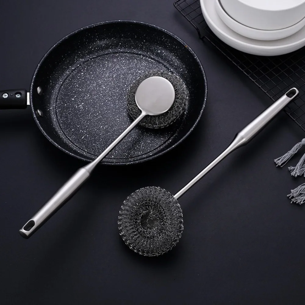 

Stainless Steel Wire Ball Brush Long Handle Strong Decontamination Oil Remover Scrubber Durable Kitchen Cleaning Tool Kitchen
