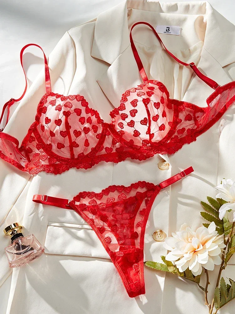 

Women Sexy Bra Brief Set Lace Embroidery Heart-shape Romantic Lingerie Fairy Seamless Underwear See Through Exotic Set Bra Sets