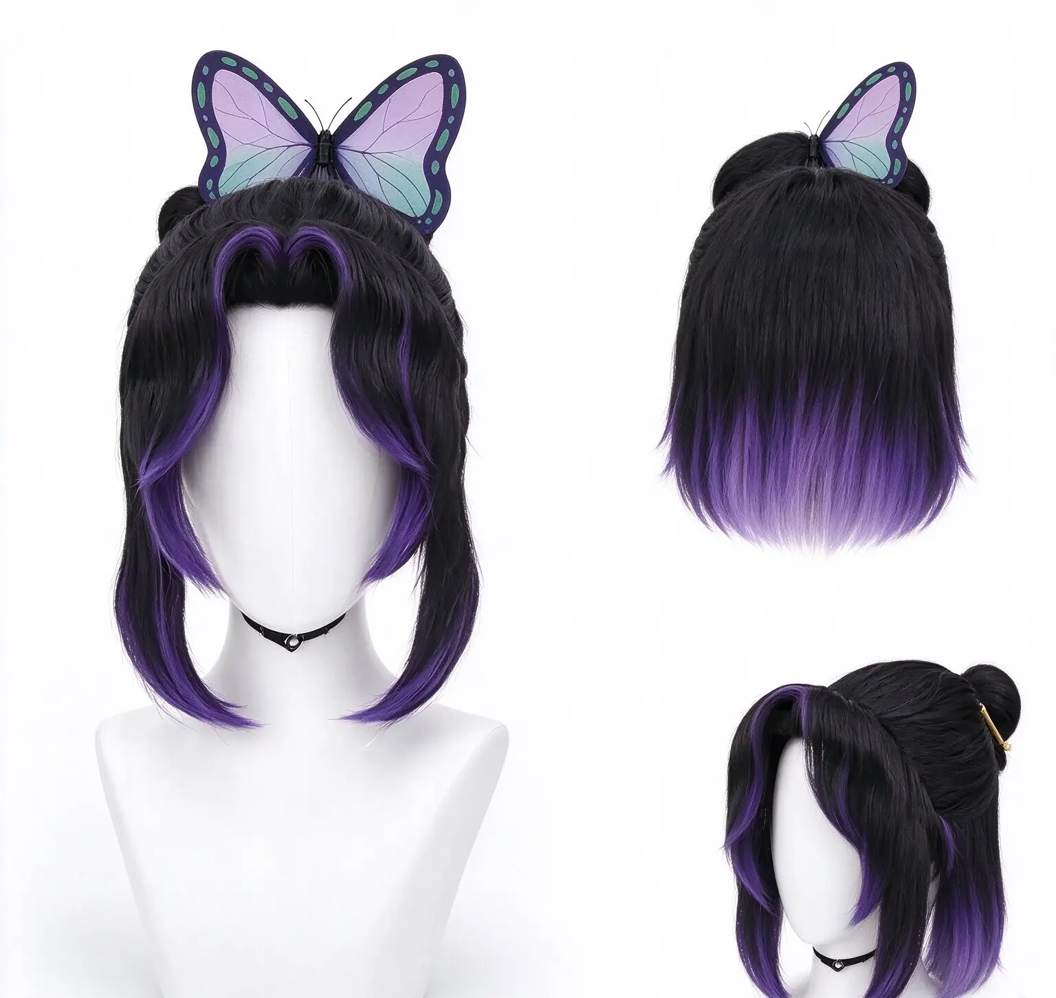 Black Gradient Purple Cosplay Wig With Butterfly Ear Decor, Synthetic Short Wig For Party Performance