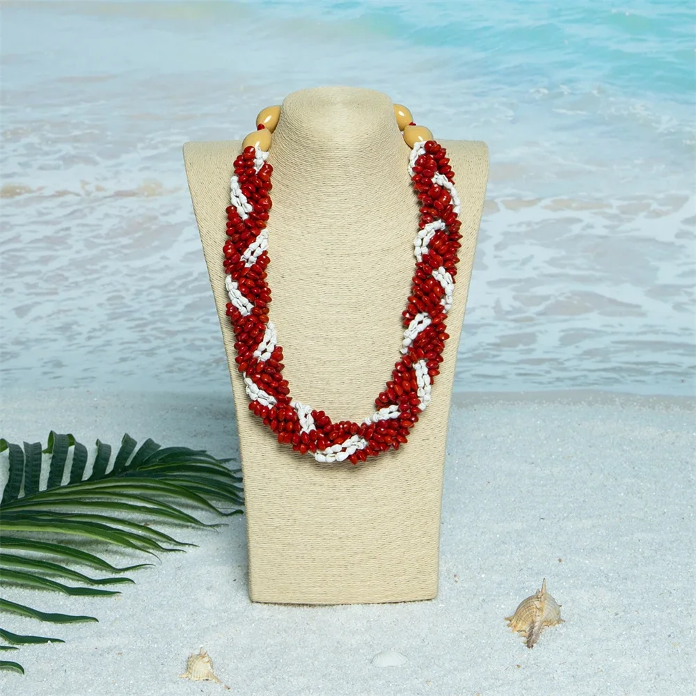 

Hawaiian Red beans and Conch Necklace Woman Fashion Jewelry Set Graduation Wedding Birthday Luau Party