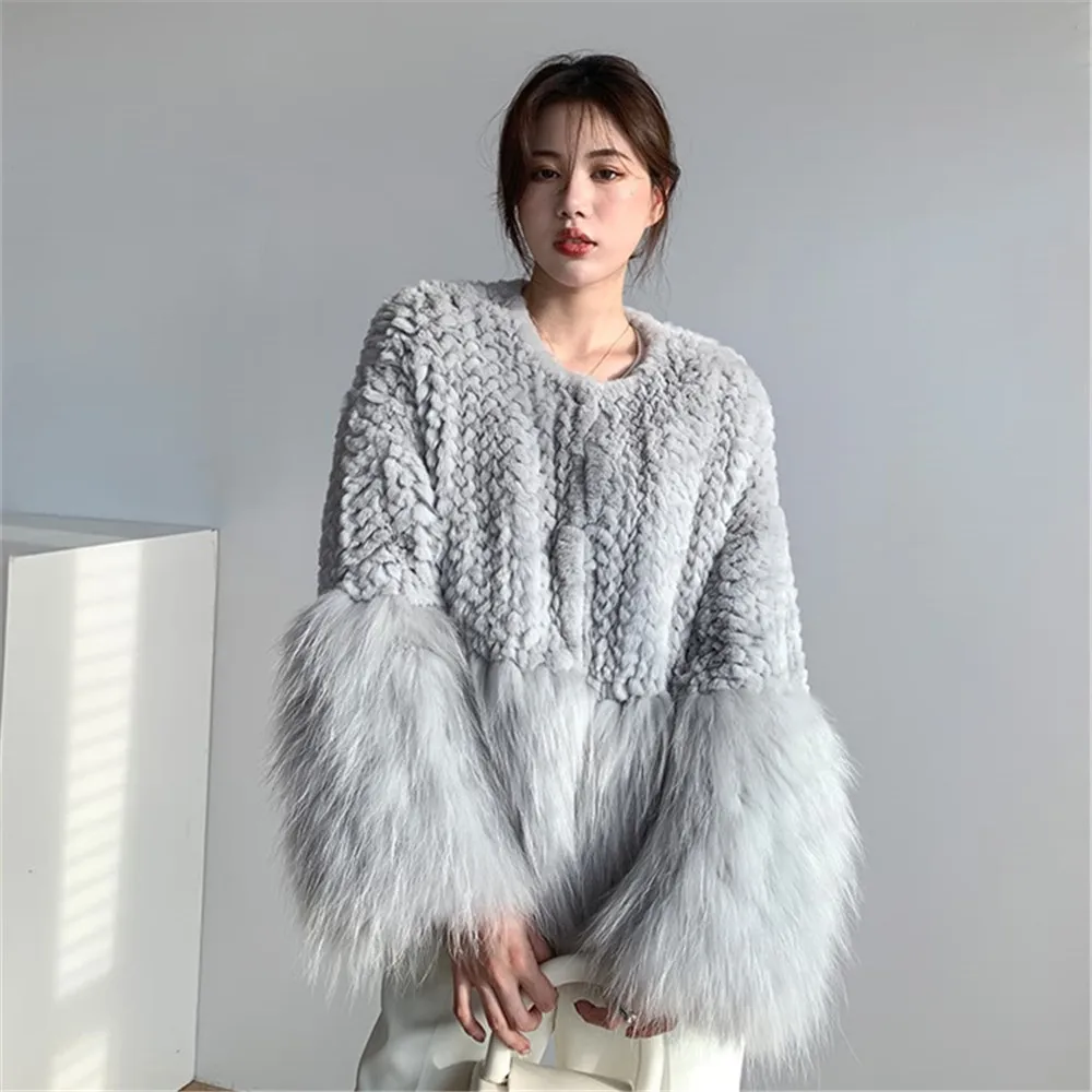 Cappotto con giunture per capelli di coniglio Rex da donna, capelli di procione, cappotto di pelliccia intrecciata, caldo, tinta unita, moda autunno e inverno, nuovo, 2023