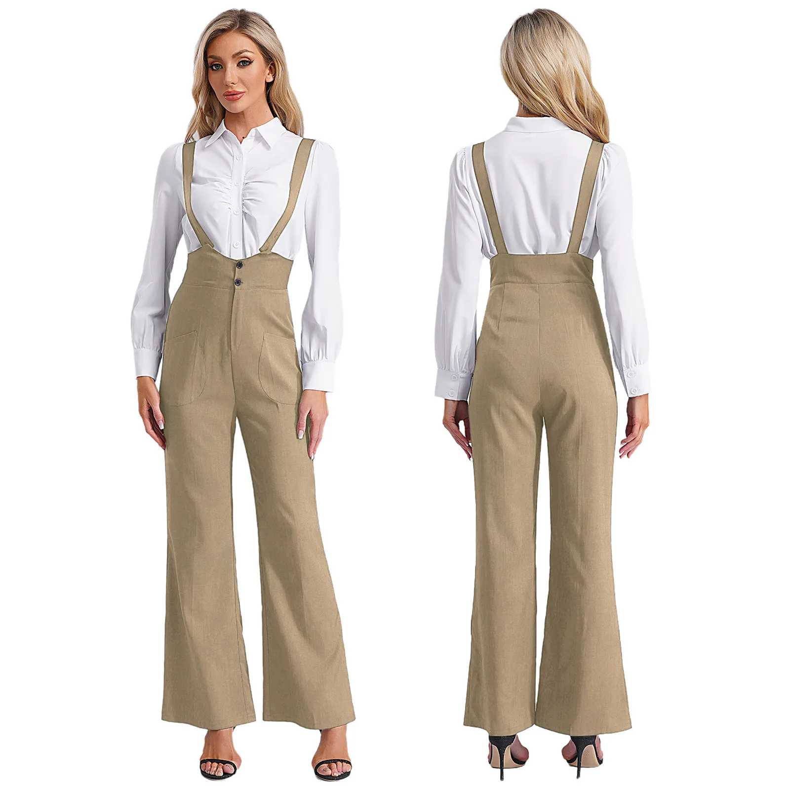 Formal Interview Meeting Costumes Elegant Womens Suspender Trousers High Waist Wide-Leg Pants Overalls for Office Work Business