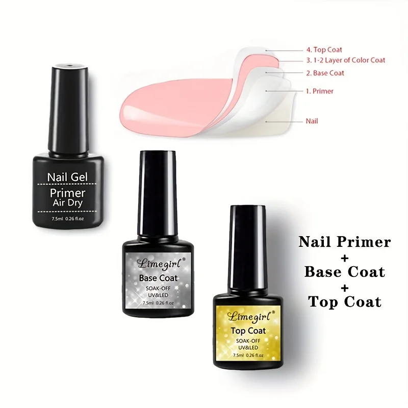 2/3 Piece Set Top Coat Base Coat and Base Coat UV/LED Semi-Permanent Clear Coat Gel Nail Polish, Nail Art Kit for Everyone