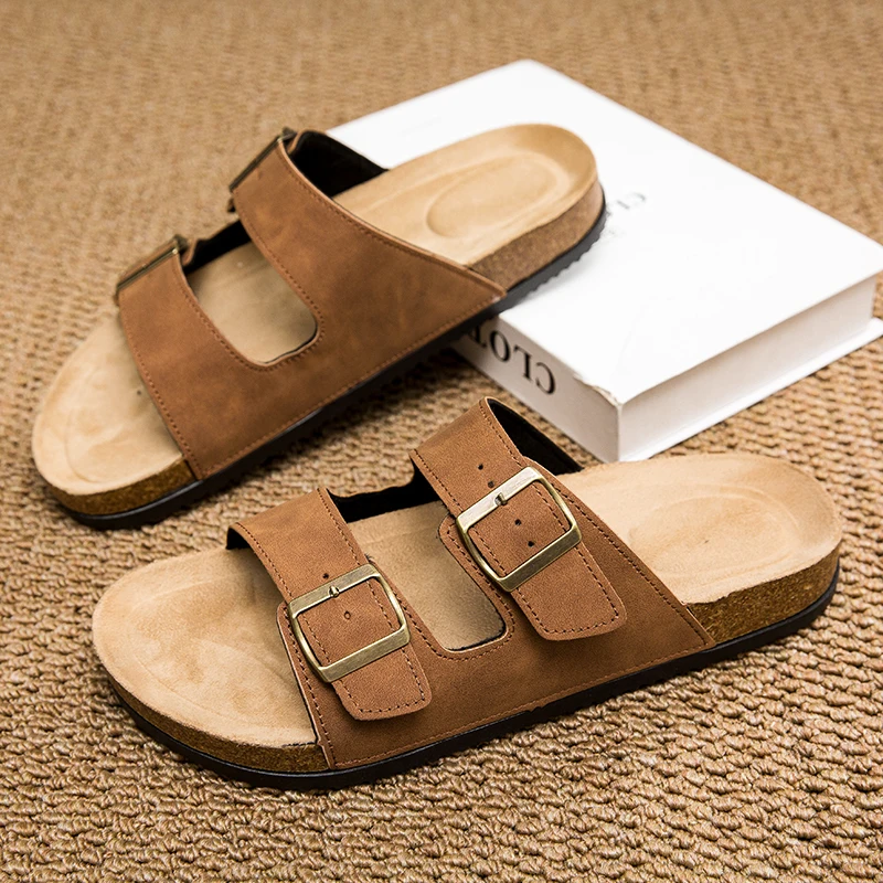 Men Classic Fashion  Cork Mule Slippers Adjustable Buckle Backless Clogs Non Slip Outdoor Casual Walking Flat Shoes