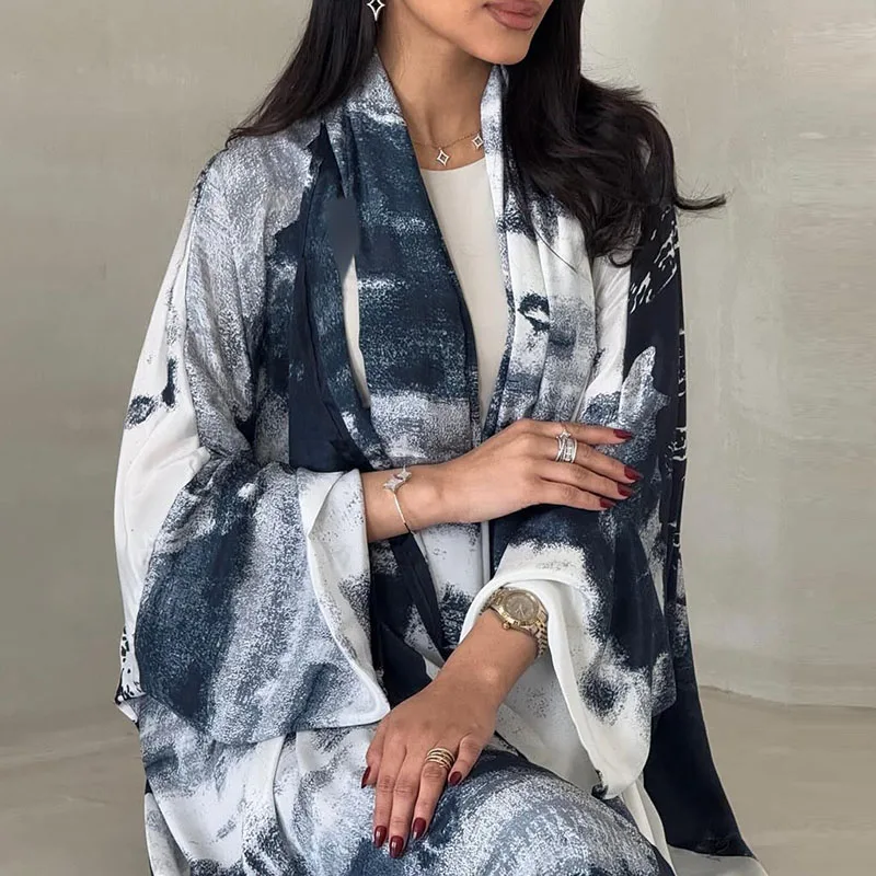 Outono inverno manga longa jaqueta feminina estilo oriente médio impresso chiffon casaco muçulmano moda feminina decote em v solto longo topo cardigan