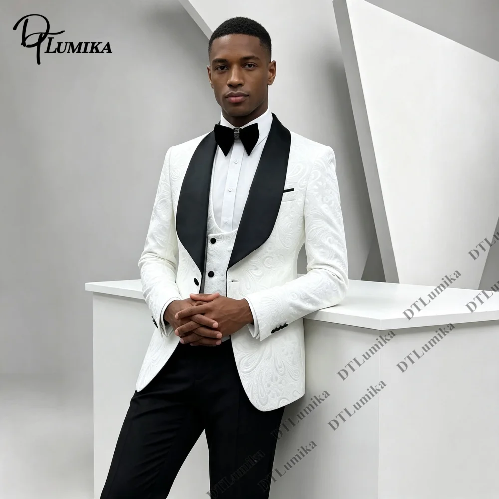 Men's 3 Piece White Paisley Suit Black Contrast Shawl Lapel Slim Fit Wedding Tuxedo Groom Formal Blazer Vest Pants Set XS-3XL