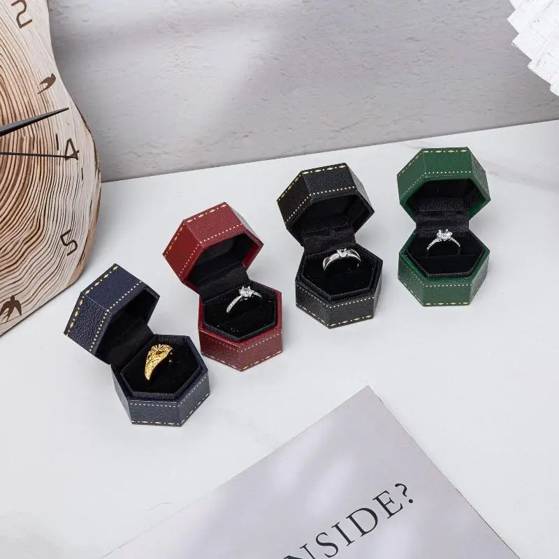 Vintage Sechseckige Samt-Schmuckbox für einen einzelnen Ring, leere Hülle für Verlobung, Hochzeitszeremonie, Valentinstagsgeschenk-Organizer – Detail 4