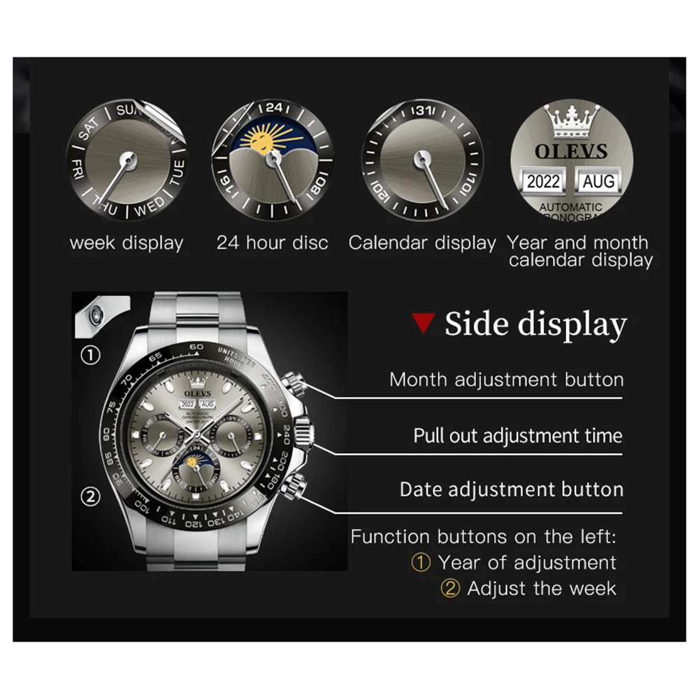 OLEVS 6654 Top Brand Mechanical Watch For Men Stainless Steel Waterproof Automatic Man Watches Week Calendar Display Hand Clock