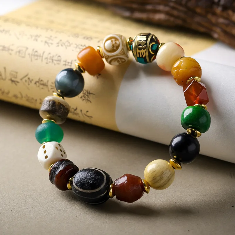 Tibetan-Style Jewelry, Including Dzi Beads, Agate, Bone, Black Antler, And Blue Tiger'S Eye Stone Multi-Strand Bracelets
