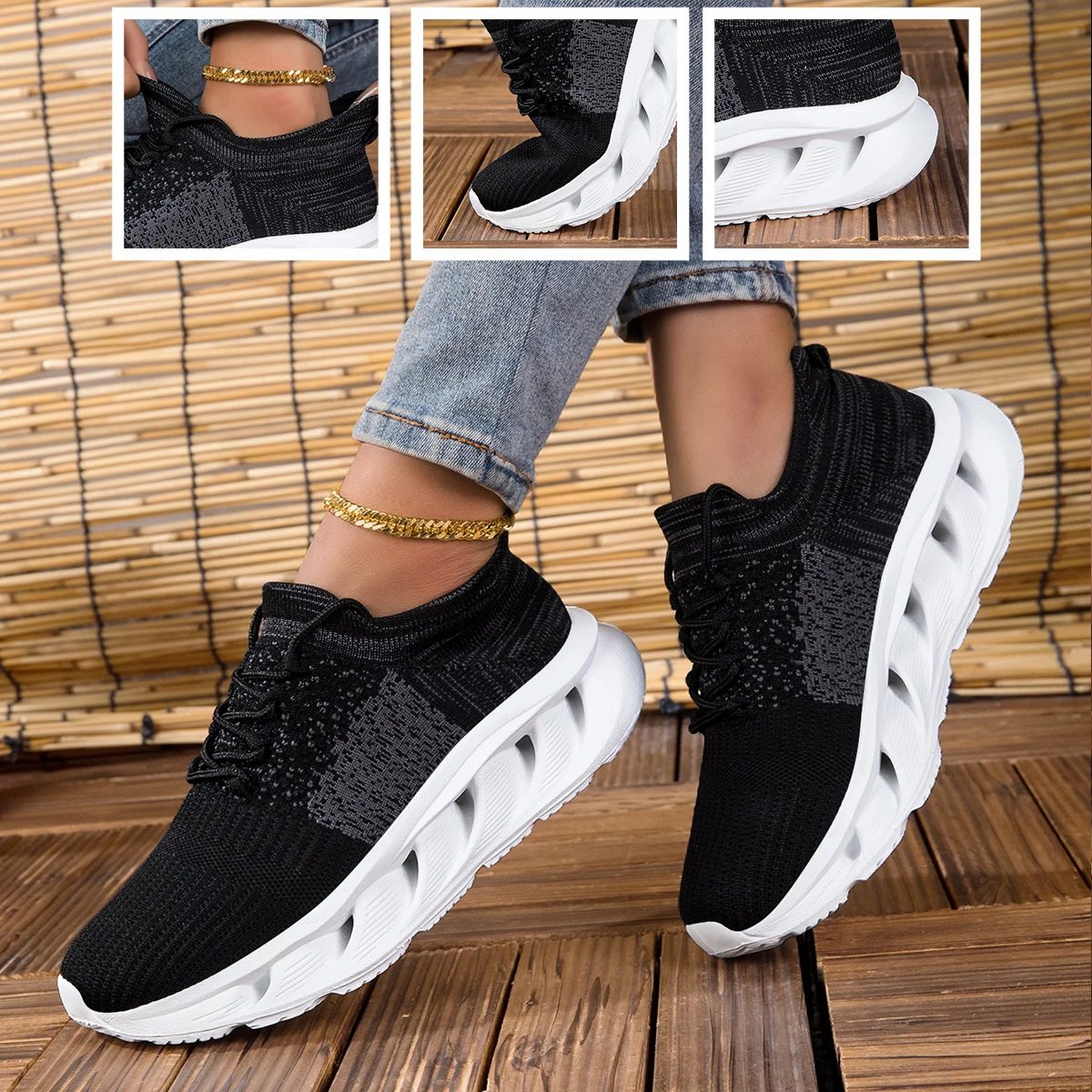 Herren Sneaker aus atmungsaktivem Fly-Knit Netzstoff, Klingen-Sohle für ermüdungsfreies Stehen, vielseitige Freizeitschuhe für den Arbeitsweg – Detail 1