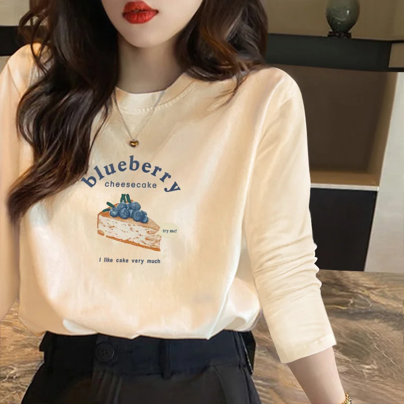 White Long sleeves Shirt Women 2023 Spring and Autumn Versatile Korean Sle Cotton Bottoming Shirt Inner wear Loose round Ne...