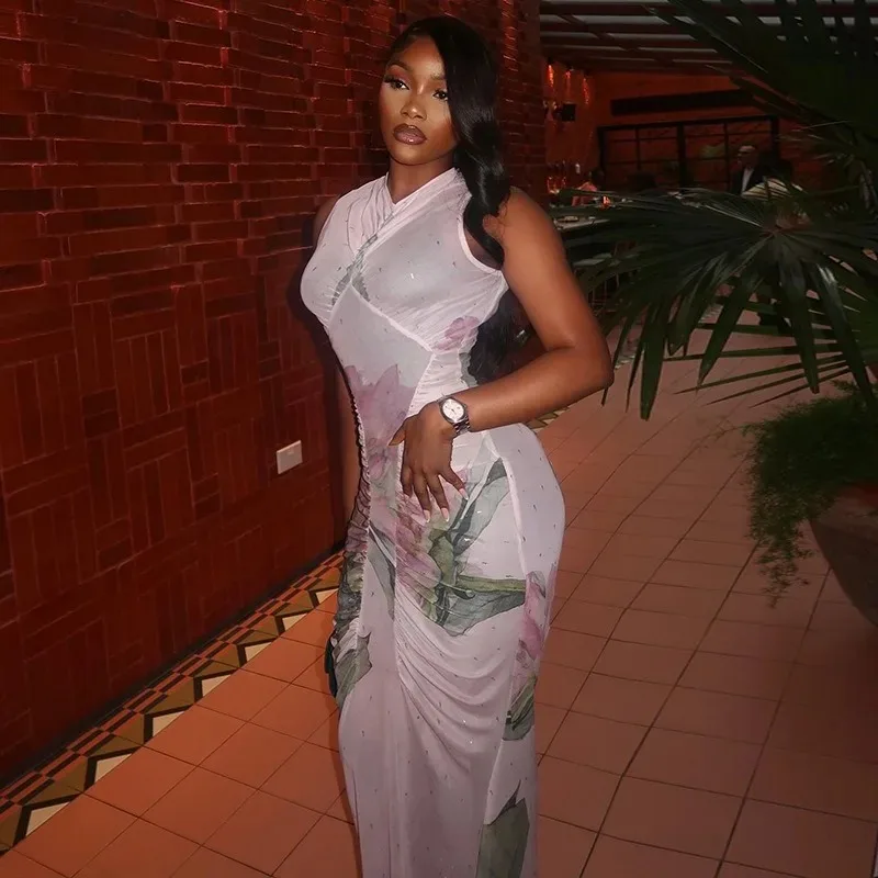 

Women's Foral Print Gauze Spliced V-Neck Sleeveless Hips Wrapped Long Dress, Slight Perspective