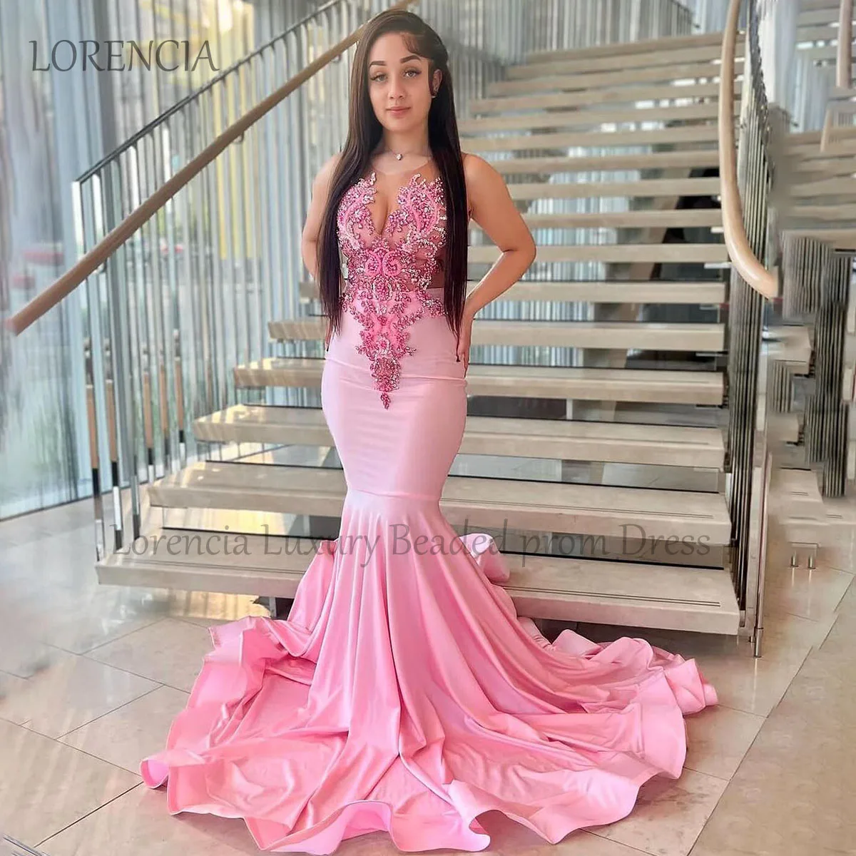 

Glitter Pink Prom Dresses Black Girls Sparkly Beaded Crystal Diamond Evening Party Gown Sleeveless Applique vestidos de gala