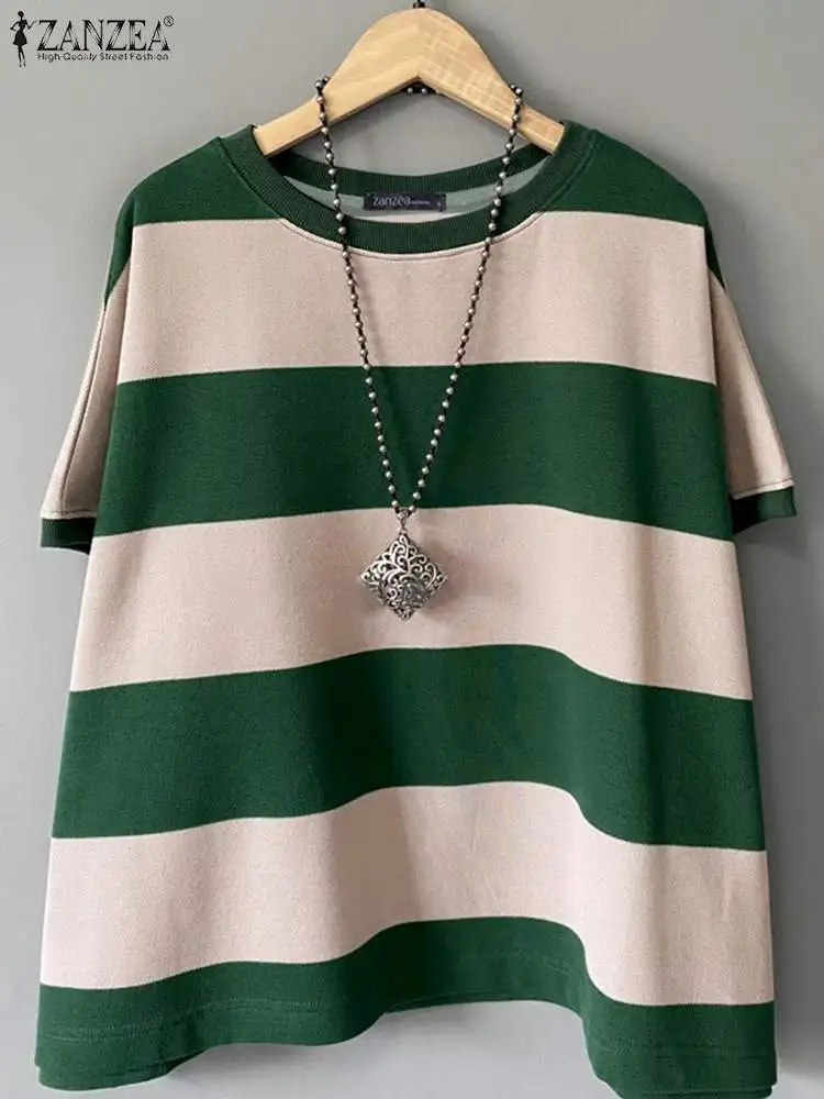 Women Striped T Shirt 2024 Summer Short Sleeve Tees ZANZEA Holiday Fashion O-Neck Patchwork Tunics Casual Loose Tops Oversized