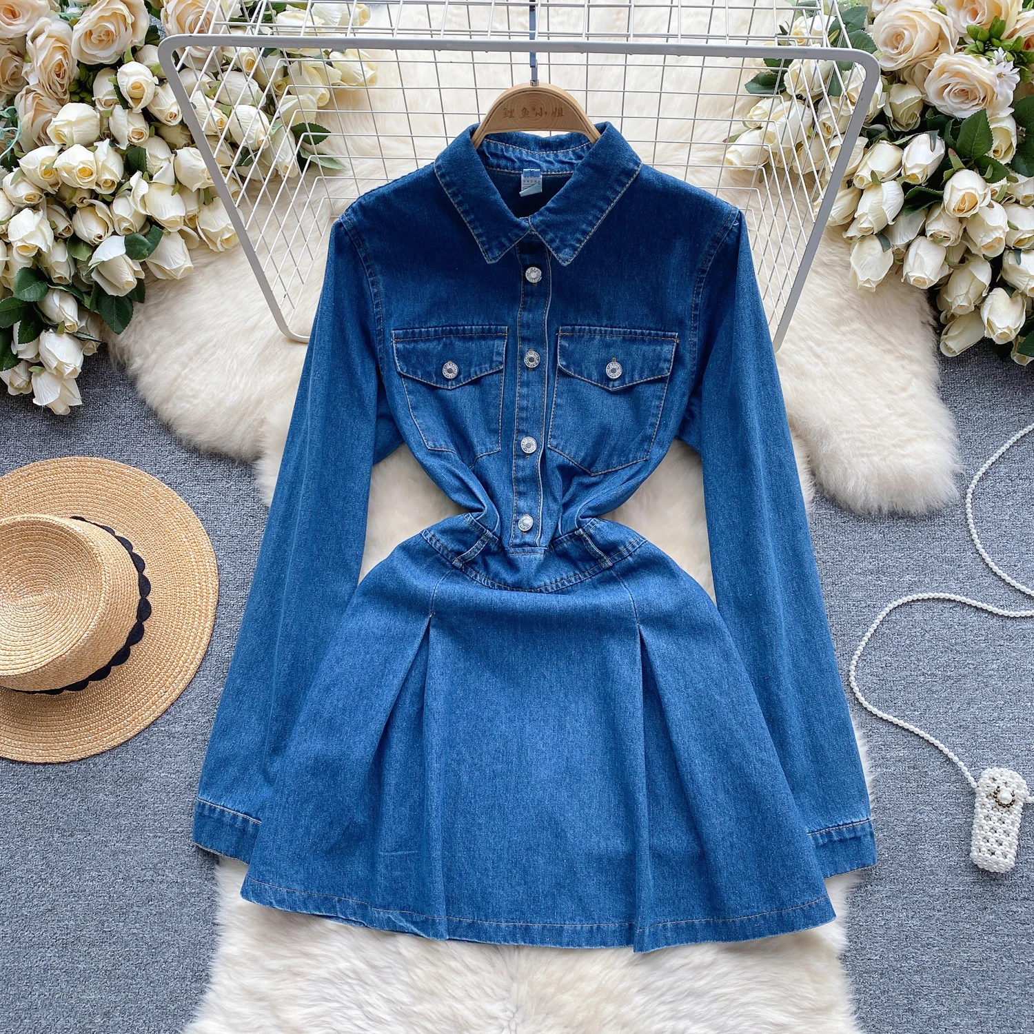 Women\'s Long Sleeve Jeans A-Line Dress Single Breasted Turn-down Collar Slim Waist Pleated Short Denim Dresses