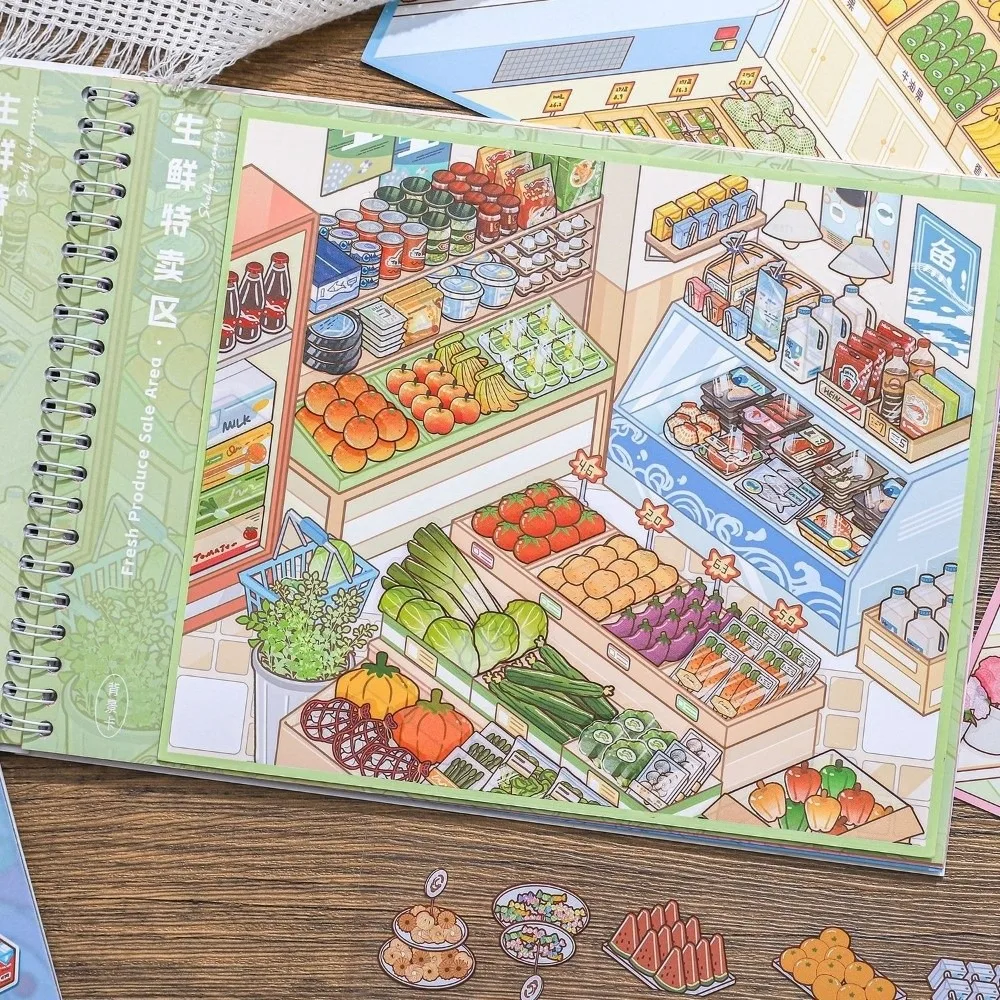 Shop Scene Miniature Scene Sticker 8 Scenes 25 Sheets PET Supermarkets Sticker Book Fruit Flower Shops Large Size