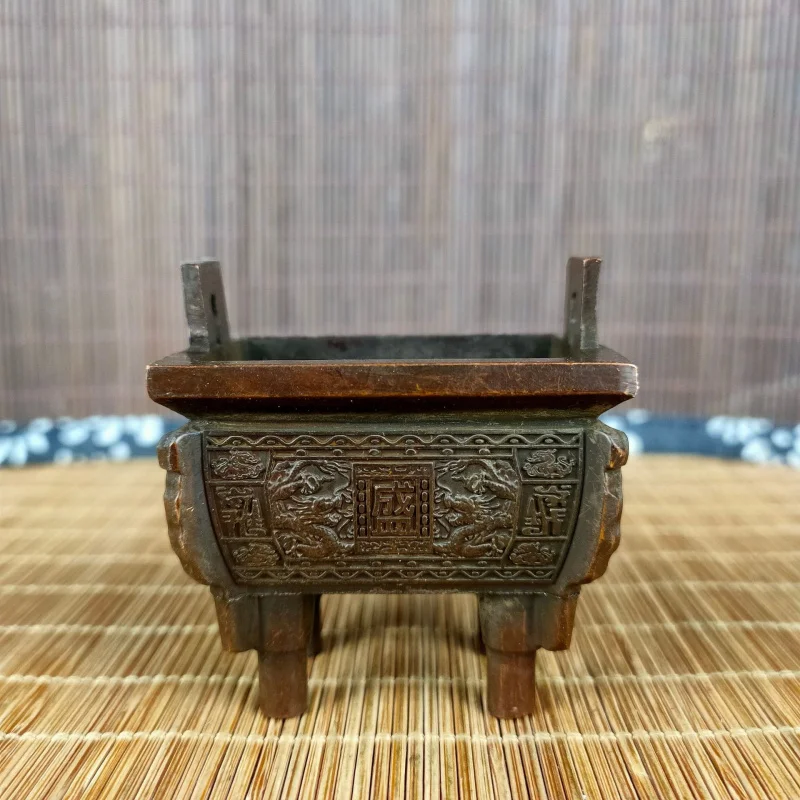 Antique Bronze Double Dragon Ornament, Study Room Tea Ceremony Decorative Item, Square Footed Incense Burner for