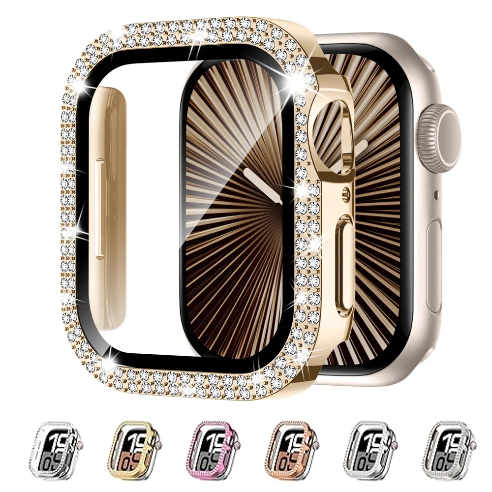 Diamantgehäuse für Apple Watch Cover 45 mm 41 mm 44 mm 40 mm gehärtetes Glas + Bling Bumper Displayschutzfolie iWatch Serie 9 8 7 6 5 4 SE