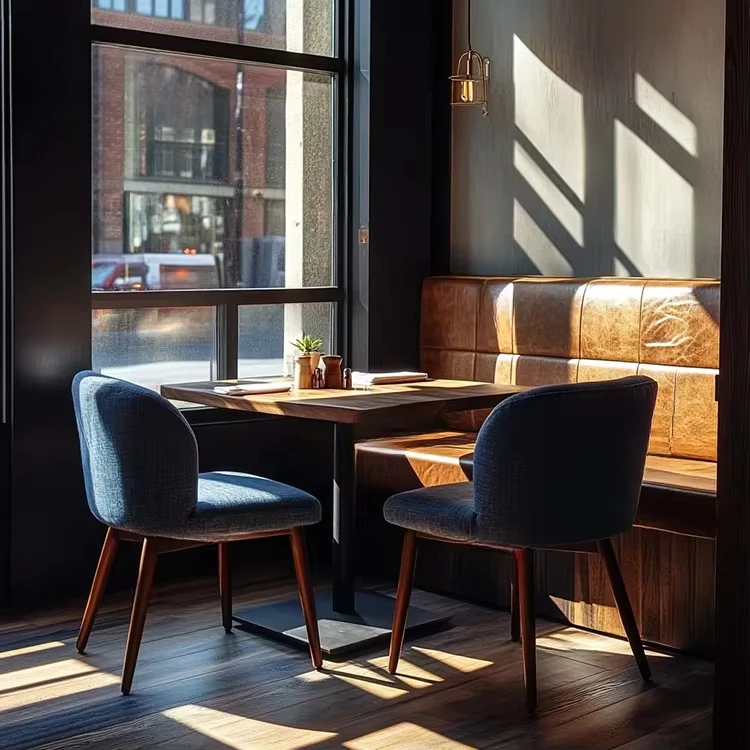 

Современный комплект мебели для ресторана, деревянный обеденный стол, темно-синий стул для кофейни, коричневый кожаный диван, сидение для гостиничного кафе
