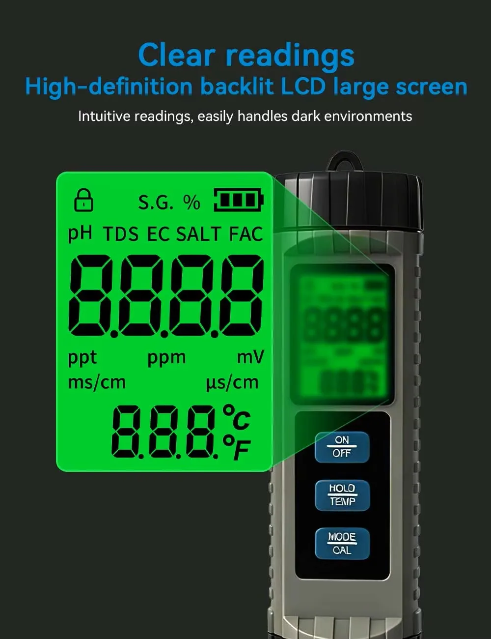 YAGO 8-in-1 Wasserqualitätstester pH TDS EC Salzgehalt ORP SG CL Temp Meter Digitaler Hintergrundbeleuchteter Pool Aquarium Wasseranalysator Detektor – Detail 5