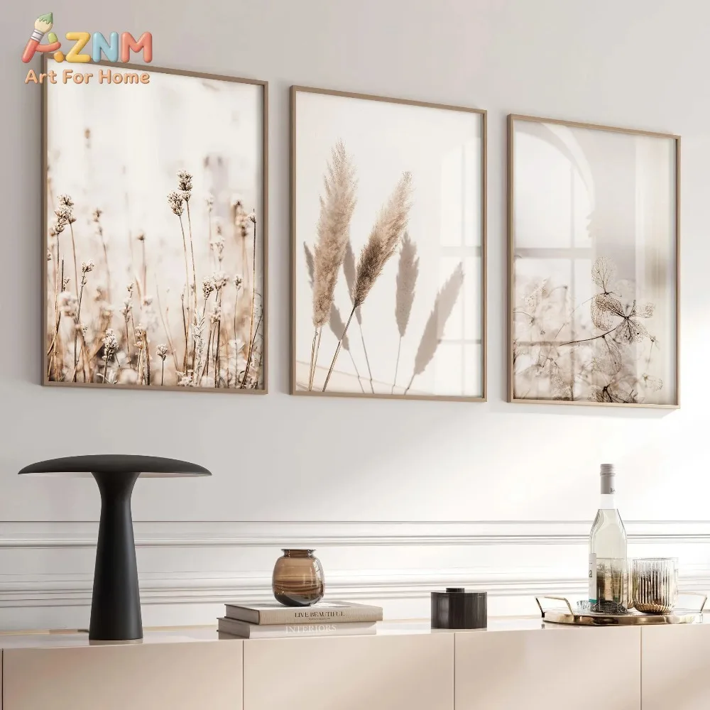 AZNM Boho Dried Pampas Grass Canvas Wall Art, Neutral Dry Floral Plant Print Frameless Canvas Painting, Farmhouse Minimalist