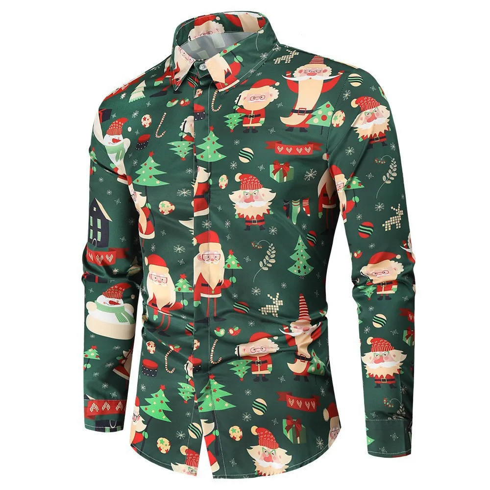 

Men's Christmas New Year Theme Festive Pattern 3D Printed Shirt Long-sleeved Lapel Casual Fashion Wearable Top Shirt Large Size