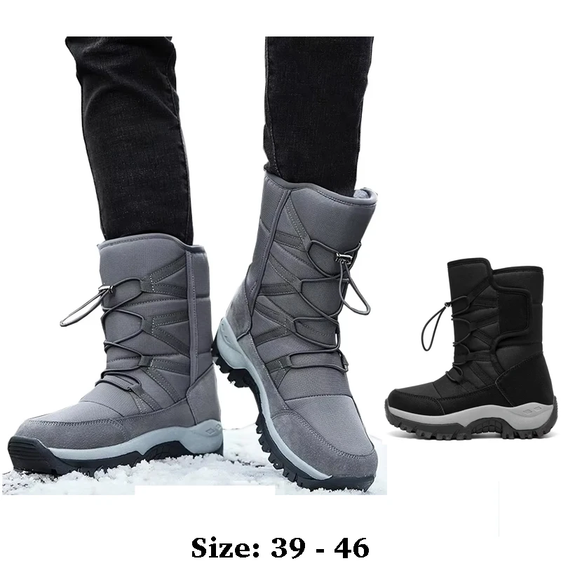

Высококачественные хлопковые зимние ботинки до середины икры для мужчин, водонепроницаемые, на шнуровке, зима 2025 года, для походов на открытом воздухе, с мехом, плюшевая теплая обувь, черный, серый