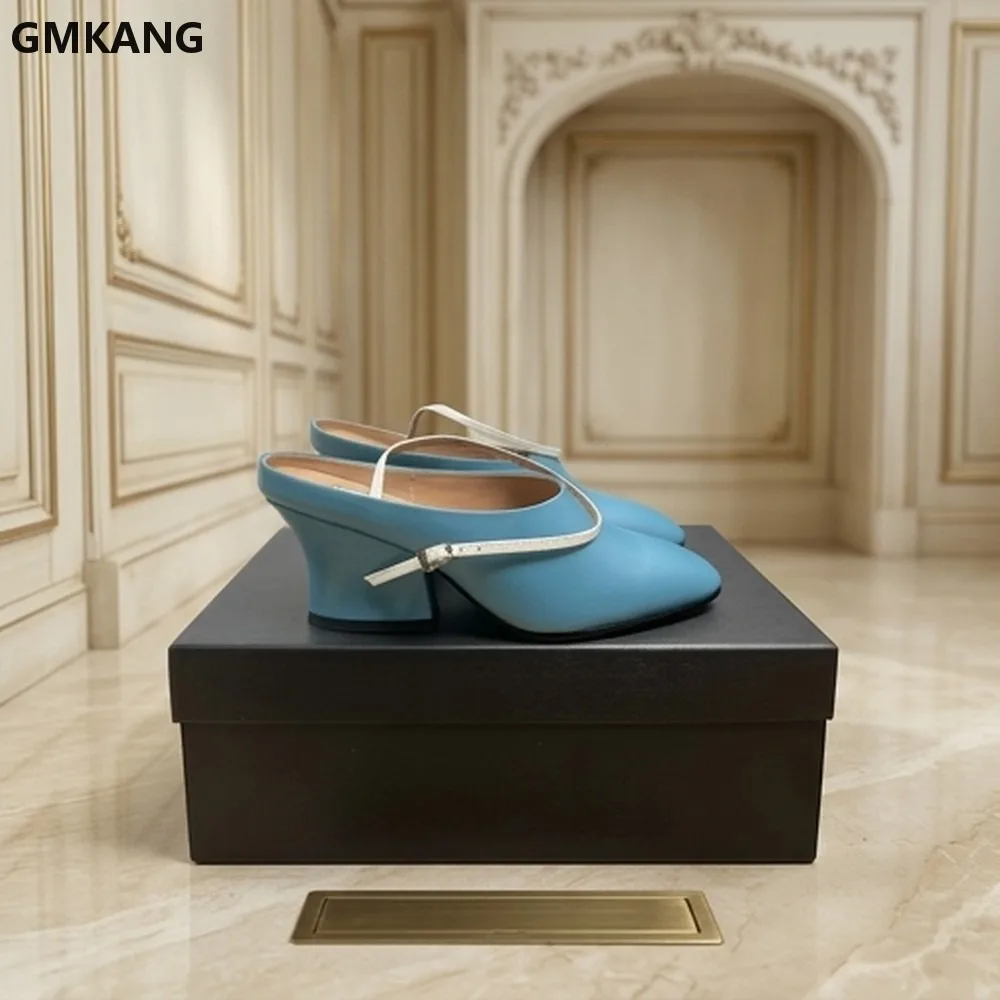 Women's Blue Black Leather Mules Ankle Strap Sculpted Heel Shoes Comfortable Slip On Dress Sandals Summer Party Elegant