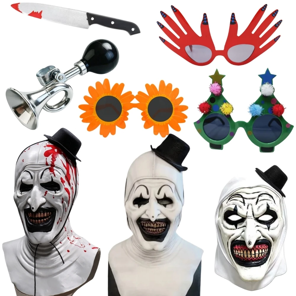 Movie Terrifiering Art the Clown Mask Bloodstained Horn Christmas Tree Glasses Cosplay Costume Accessories Halloween Carnival