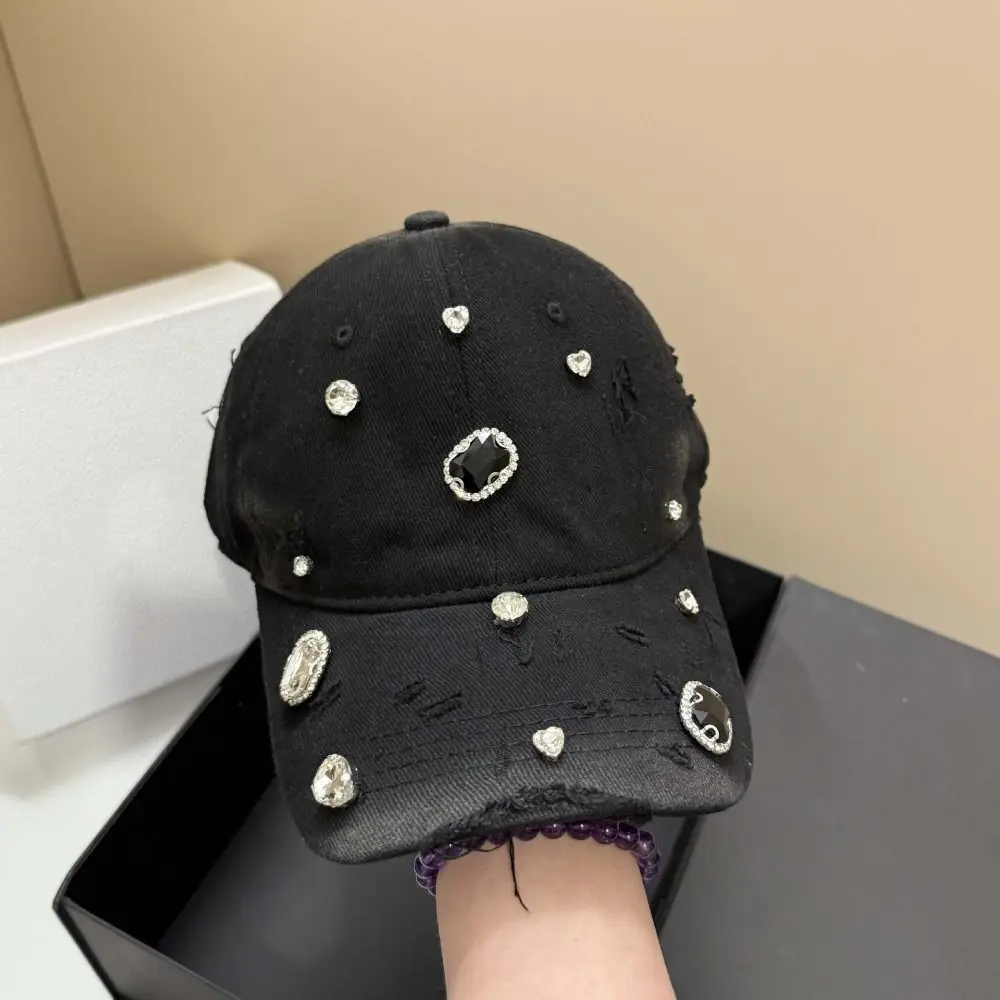 Cotton Rhinestone Baseball Cap Torn Effect Vintage Wash Hip Hop Cap Rhinestone Embellished Adjustable Snapback Hole Washed Hat