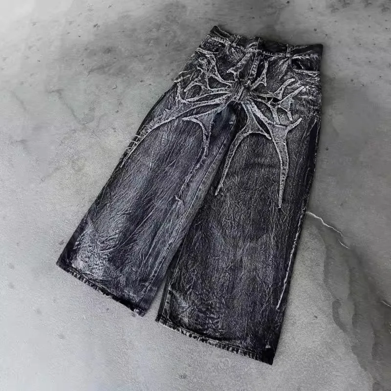 Street New Edge Embroidery Black Baggy Jeans Wide Leg Denim Pants Mens Y2K Harajuku Retro Graphic Patch Jeans Hip Hop Gothic Raw