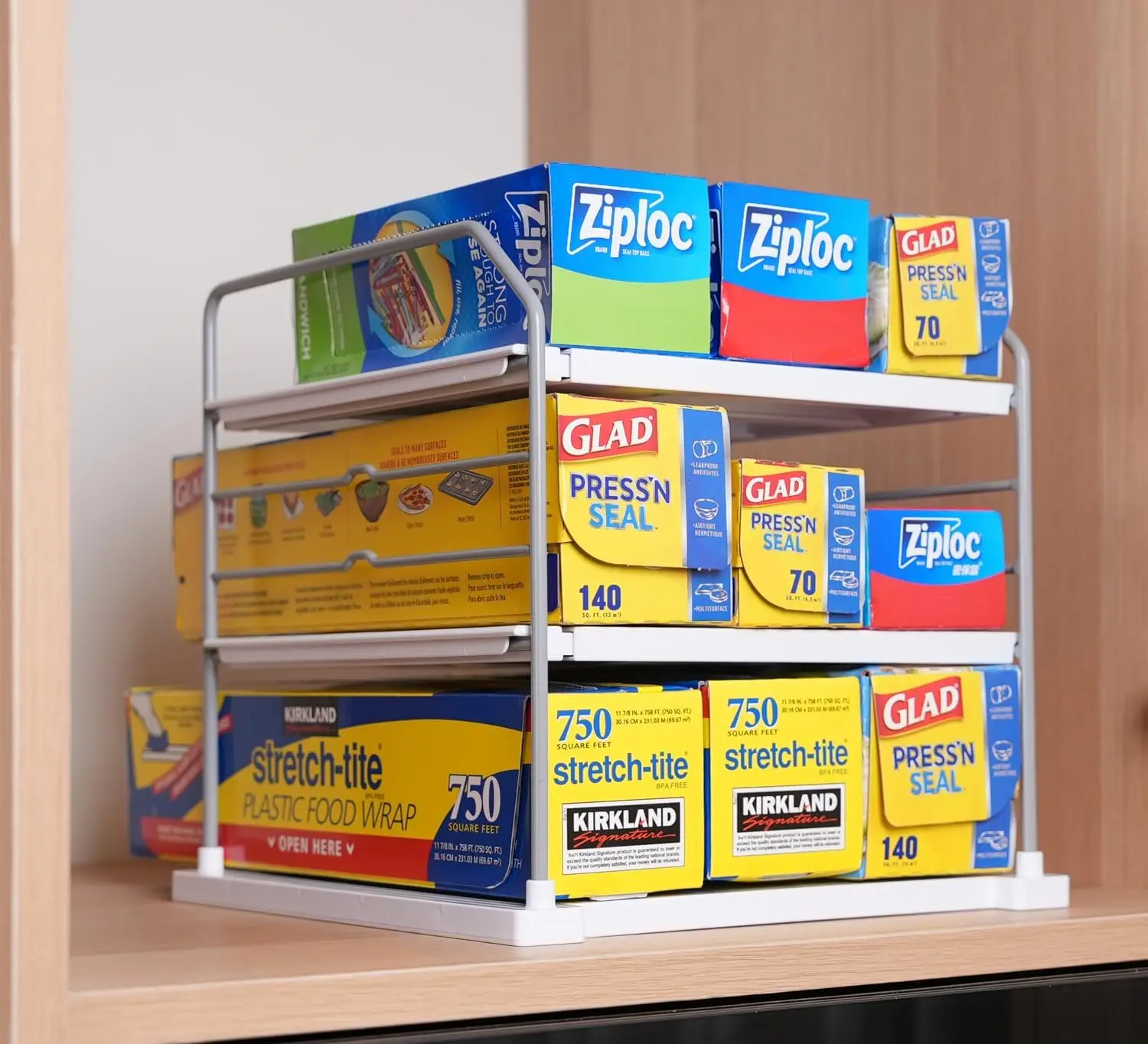 

Extendable 3-Tier Holder for Heavy Items, Jars, Bottles, Cans, Plastic Bags, Wrap, Foil, Snack and Box for Kitchen,Counte