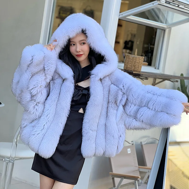 2023 WInter Women Real Blue Fox Fur Coats Whole Skin Genuine Loose bat sleeves Fox Hooded Fur