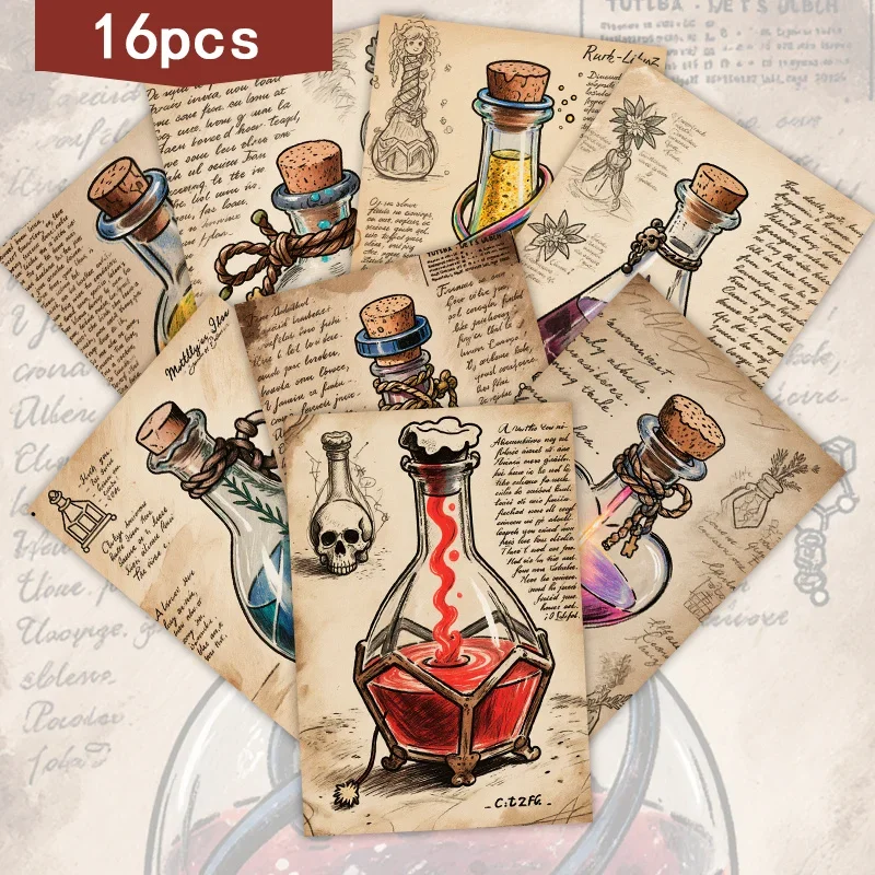 16pcs Retro Medicine Bottle Card Set - Magic Essential Oil Pattern Gift Card, Perfect for Scrapbooks and Handmade Making