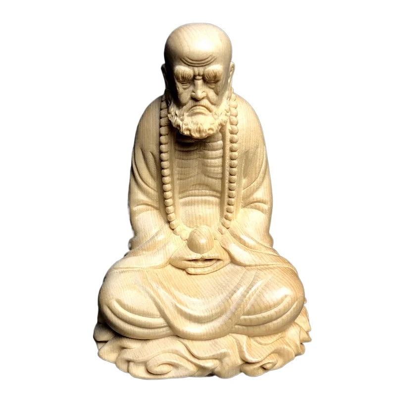 Hand Carved Hinoki Wood Sitting Bodhidharma Statue Figurine - Zen Meditation Damo Ornament Home Office Desk Tea Room Decor Gift